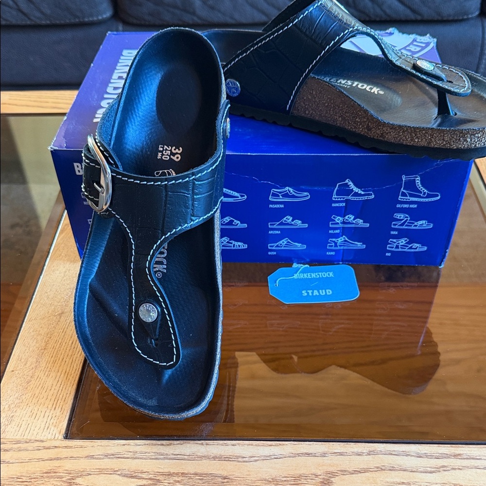 Birkenstock Black Gizeh Croc-Embossed Leather Thong Sandal - women’s size 39